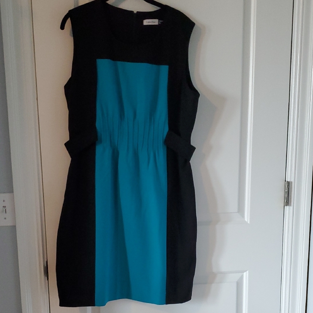 Calvin Klein Blue and Black Sheath Dress Sleeveless Crew Neck Midi Sz 16